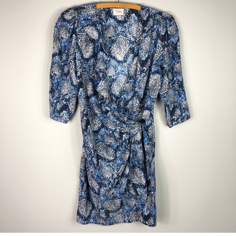 Parker $348 100% Silk Printed Wrap Dress Blue Pattern Long Sleeve